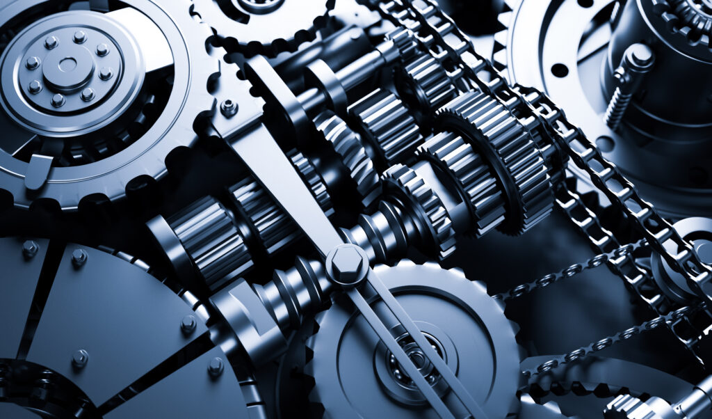 Gears and cogs mechanism. Industrial machine, engine. Close-up macro. 3D illustration